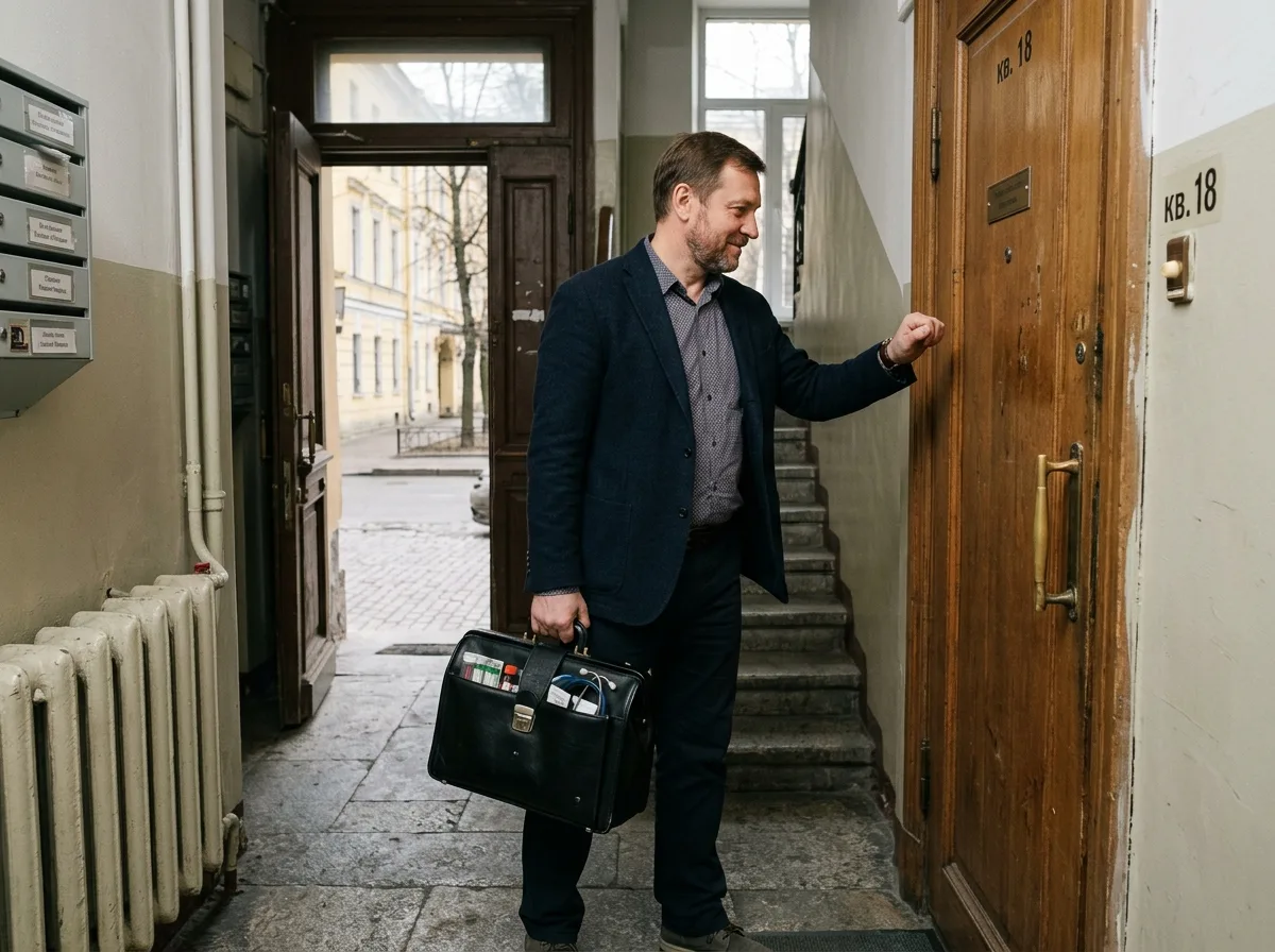 Врач-нарколог в гражданской одежде приезжает к пациенту на дом в Санкт-Петербурге, медицинский чемодан с препаратами, спокойная жилая обстановка